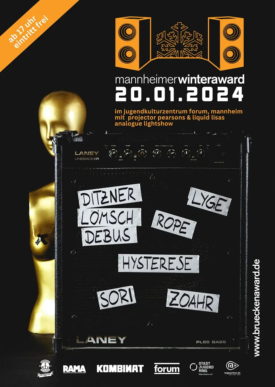 Plakat für den Mannheimer Winteraward am 20. Januar 2024 mit Bands an einem Verstärker. Ort: Jugendkulturzentrum Forum, Mannheim. Veranstaltungsdetails und Website-Link inklusive.