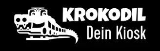 Logo mit einem Cartoon-Krokodil, das einem Zug ähnelt, neben dem Text "KROKODIL Dein Kiosk" auf schwarzem Hintergrund.